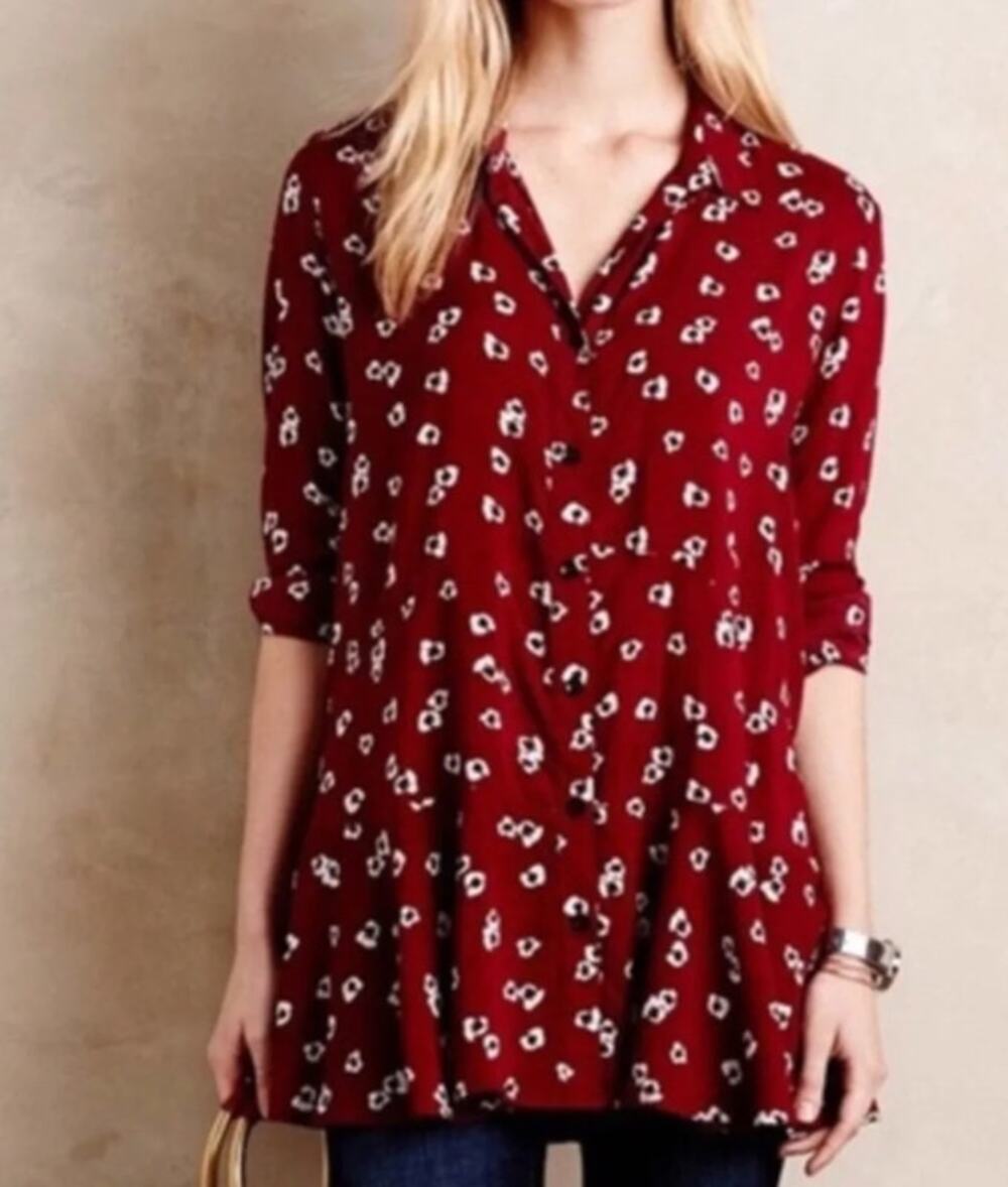NEW Anthropologie L 11.1 Tylho Lakin Red Poppy Floral Tunic Top Boho Ruffle